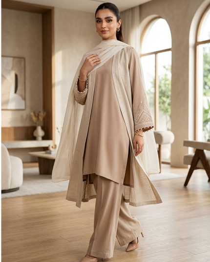 Noor Luxury Linen-Silk Co-Ord Set with Longline Cape & Chiffon Dupatta