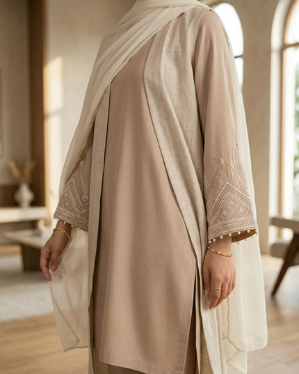 Noor Luxury Linen-Silk Co-Ord Set with Longline Cape & Chiffon Dupatta