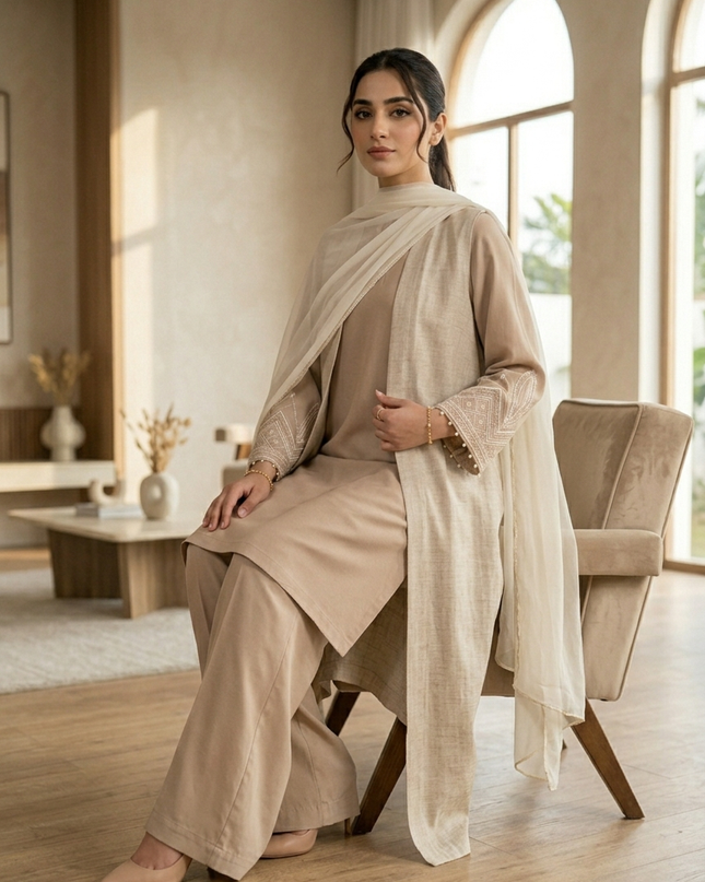 Noor Luxury Linen-Silk Co-Ord Set with Longline Cape & Chiffon Dupatta