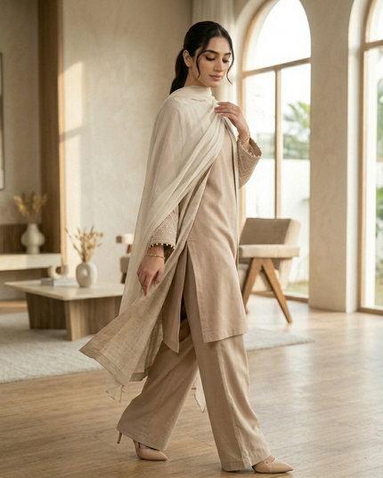 Noor Luxury Linen-Silk Co-Ord Set with Longline Cape & Chiffon Dupatta