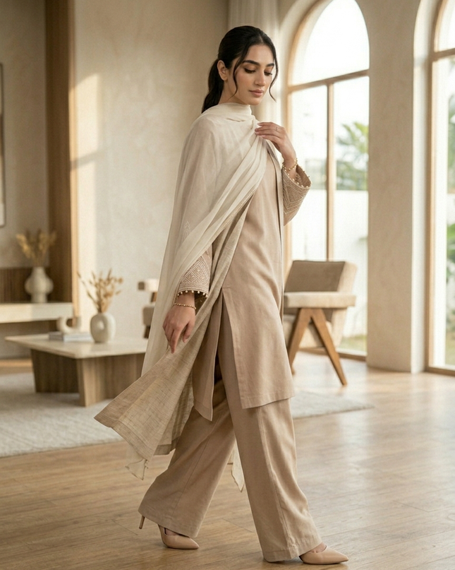 Noor Luxury Linen-Silk Co-Ord Set with Longline Cape & Chiffon Dupatta