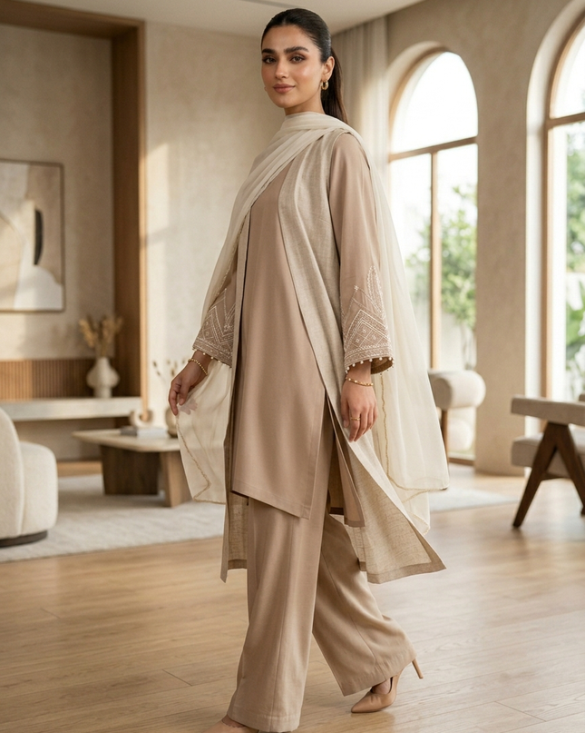Noor Luxury Linen-Silk Co-Ord Set with Longline Cape & Chiffon Dupatta