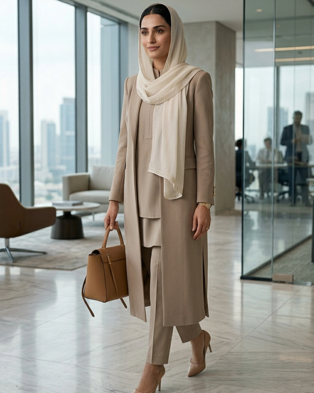 Premium Taupe Crepe Co-ord Set & Embroidered Blazer Coat