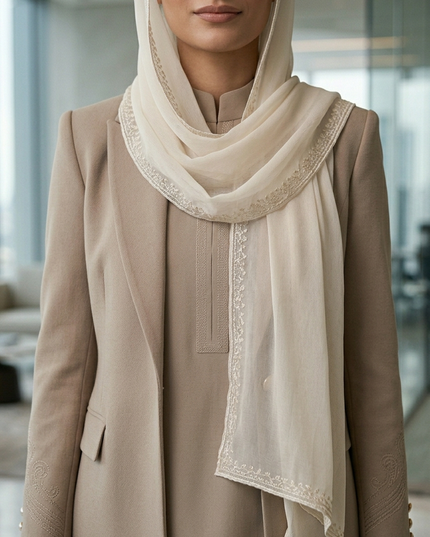 Premium Taupe Crepe Co-ord Set & Embroidered Blazer Coat