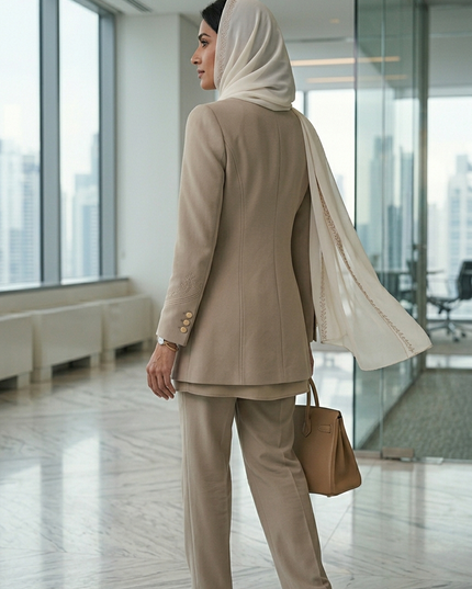 Premium Taupe Crepe Co-ord Set & Embroidered Blazer Coat