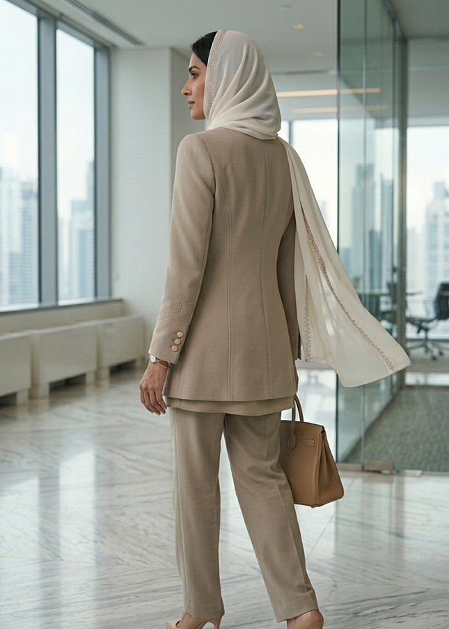 Premium Taupe Crepe Co-ord Set & Embroidered Blazer Coat