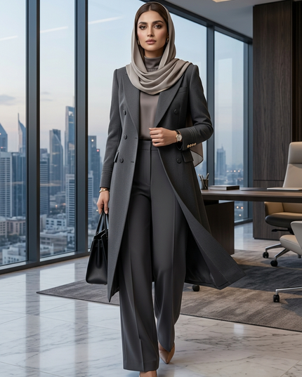The Executive Double-Breasted Trench-Style Pant Suit Set