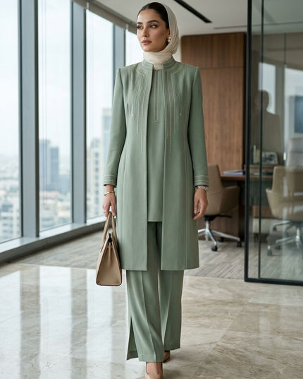 The Sage Executive Co-Ord Set – Luxury Modest Tailored Office Coat & Trouser Suit