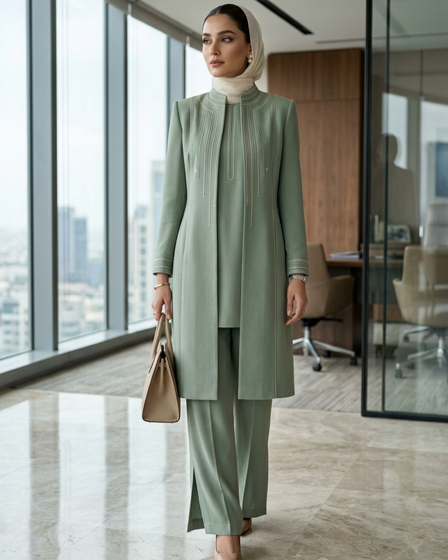 The Sage Executive Co-Ord Set – Luxury Modest Tailored Office Coat & Trouser Suit
