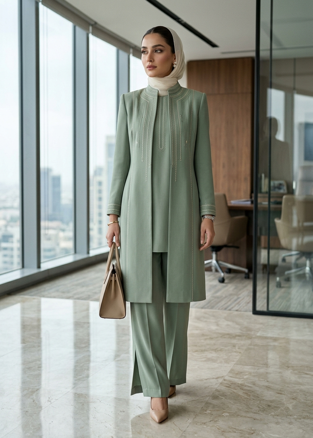 The Sage Executive Co-Ord Set – Luxury Modest Tailored Office Coat & Trouser Suit