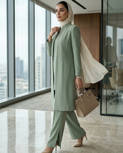 The Sage Executive Co-Ord Set – Luxury Modest Tailored Office Coat & Trouser Suit