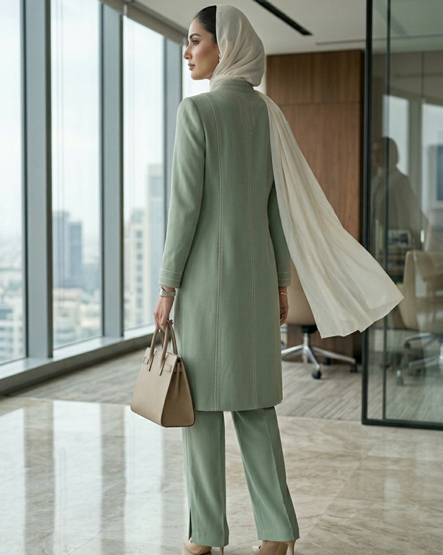 The Sage Executive Co-Ord Set – Luxury Modest Tailored Office Coat & Trouser Suit