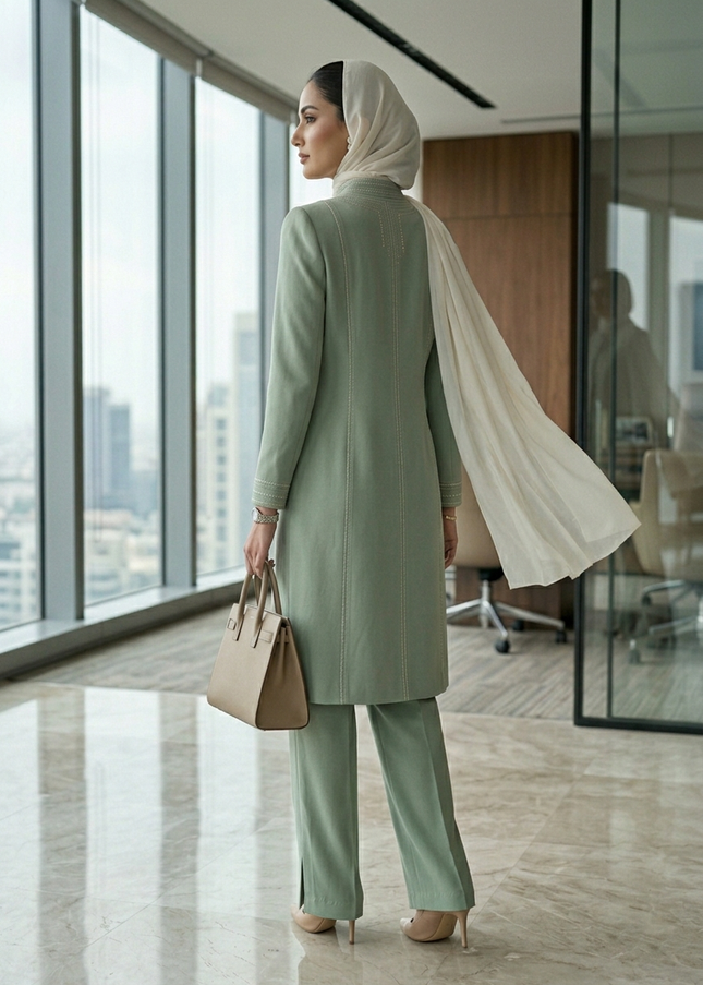 The Sage Executive Co-Ord Set – Luxury Modest Tailored Office Coat & Trouser Suit