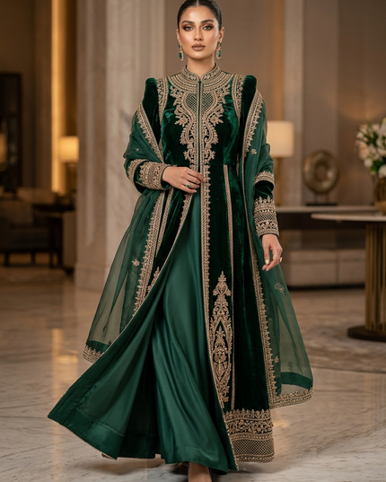 Zubaria Emerald Luxury Velvet Overcoat Gown – Premium Modest Couture