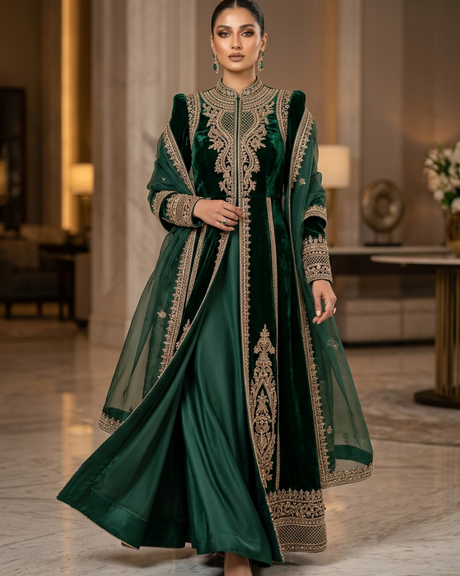 Zubaria Emerald Luxury Velvet Overcoat Gown – Premium Modest Couture