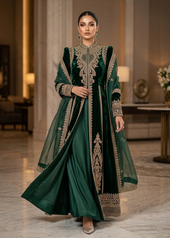 Zubaria Emerald Luxury Velvet Overcoat Gown – Premium Modest Couture