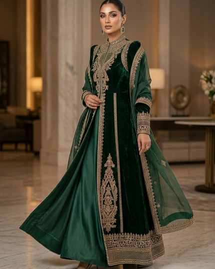 Zubaria Emerald Luxury Velvet Overcoat Gown – Premium Modest Couture