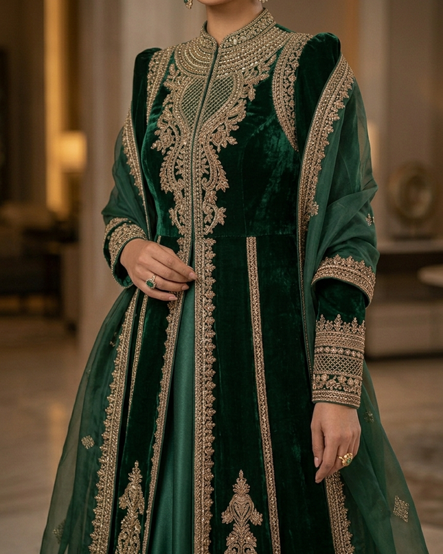 Zubaria Emerald Luxury Velvet Overcoat Gown – Premium Modest Couture
