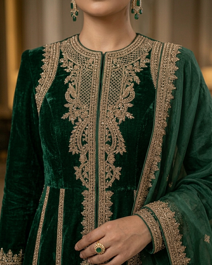 Zubaria Emerald Luxury Velvet Overcoat Gown – Premium Modest Couture