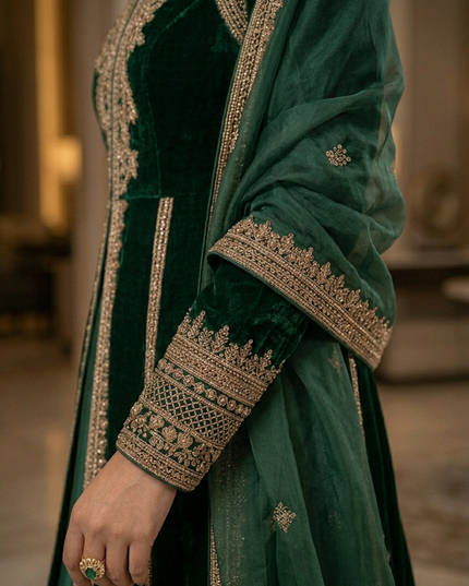 Zubaria Emerald Luxury Velvet Overcoat Gown – Premium Modest Couture