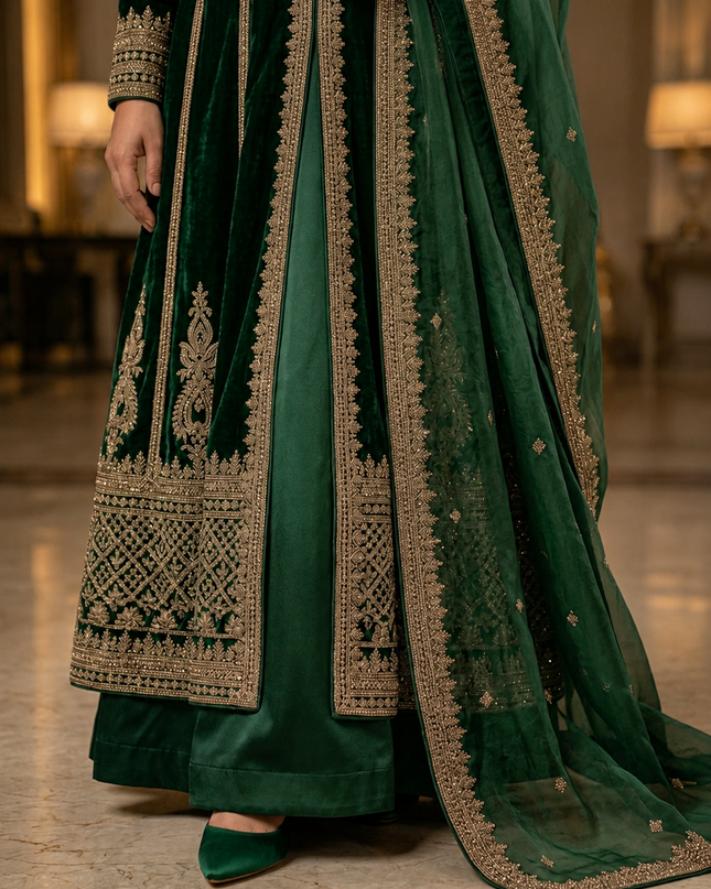 Zubaria Emerald Luxury Velvet Overcoat Gown – Premium Modest Couture