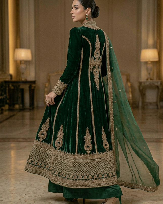 Zubaria Emerald Luxury Velvet Overcoat Gown – Premium Modest Couture