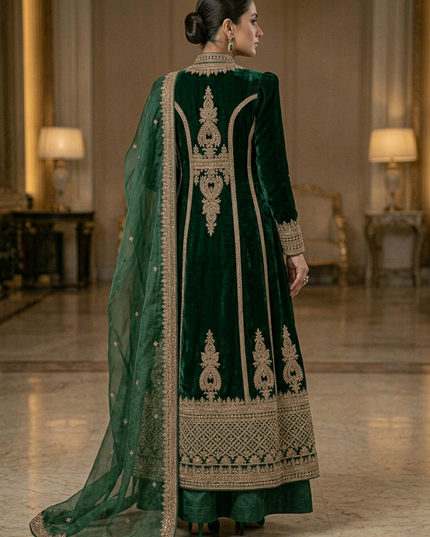 Zubaria Emerald Luxury Velvet Overcoat Gown – Premium Modest Couture