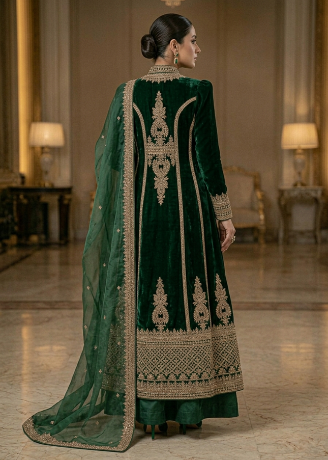 Zubaria Emerald Luxury Velvet Overcoat Gown – Premium Modest Couture
